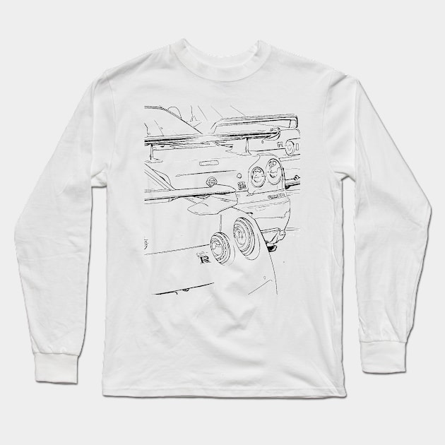 Skyline R32 R33 R34 GTR Wireframe Black Long Sleeve T-Shirt by Auto-Prints